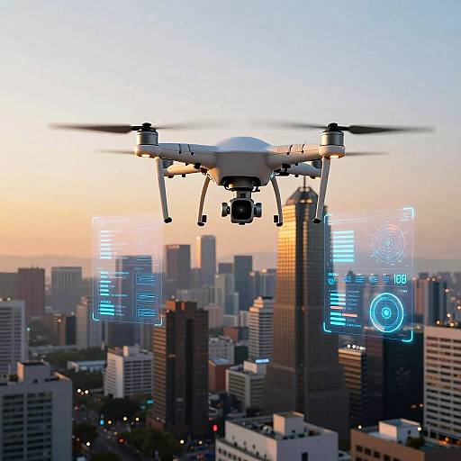 Photograph of a white drone with spinning blades flying over a cityscape at sunset, with digital blue interface icons overlayed.