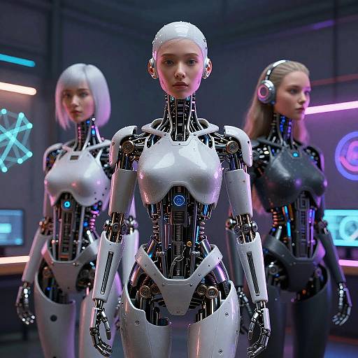 Photorealistic CGI of three futuristic female androids with metallic white and black bodies, neon-lit background, and glowing blue accents.