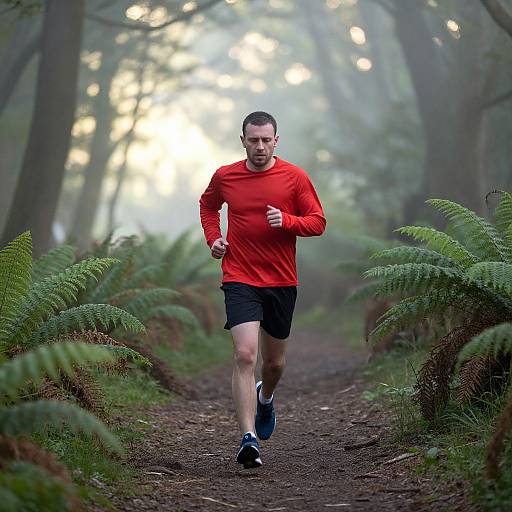 Photograph of a bearded man in a red long-sleeve shirt and black shorts running on a foggy forest path, surrounded by ferns