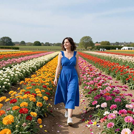 Woman in Blue Dress Among Colorful Flowers