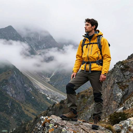 Hiker in Yellow Jacket on Mountain Rock