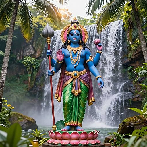Vibrant Vishnu Statue with Tropical Backdrop