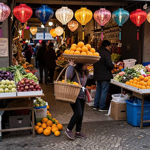 Photograph of a bustling market stall with colorful lanterns, a woman in a patterned jacket balancing wicker baskets of oranges, surrounded by vibrant fruits