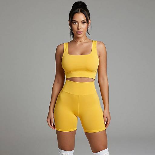 Photograph of a curvy woman with dark hair in a ponytail, wearing a yellow sports bra and shorts, white thigh-high socks, standing against