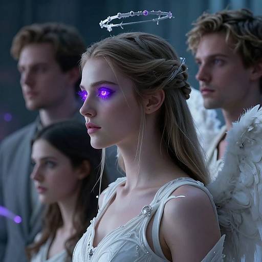 CGI image of a glowing, purple-eyed blonde woman with angel wings, halo, and white dress, surrounded by serious-looking men in dim blue-l