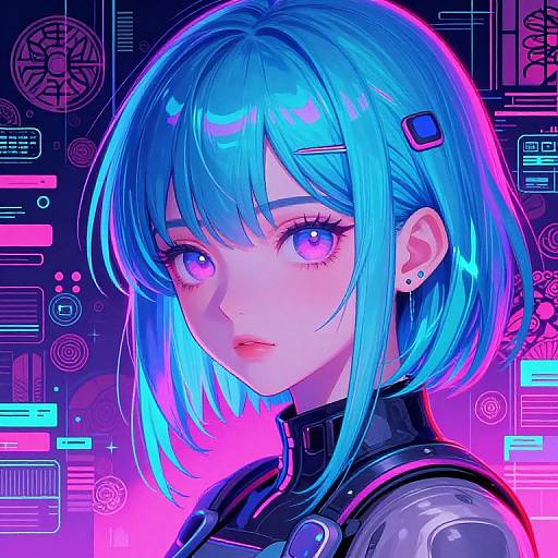 Digital anime-style portrait of a blue-haired girl with glowing pink eyes, wearing a futuristic black suit, against a neon cyberpunk background.
