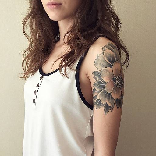 Photograph of a woman with wavy brown hair, wearing a white sleeveless top, showcasing a large, colorful sunflower tattoo on her right upper