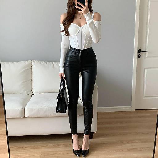 Woman in White Corset and Black Leather Pants Taking Mirror Selfie