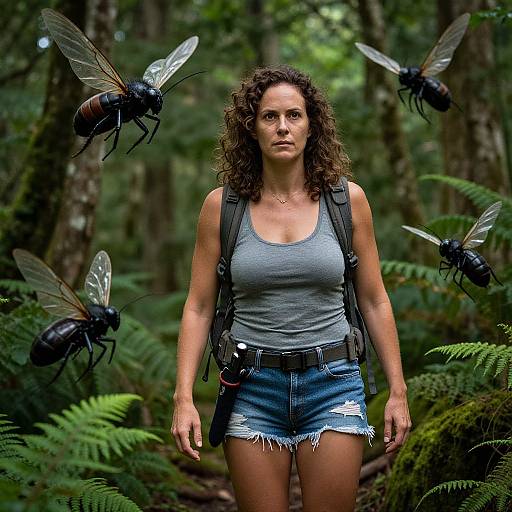 Serious Woman Hiking Amid Menacing Insects