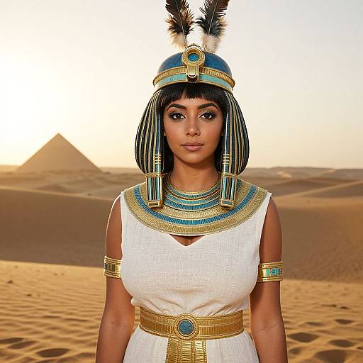 Digital artwork of a dark-skinned woman in ancient Egyptian attire with blue and gold headdress, white dress, and desert background. Pyramid in the distance
