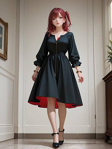 Chic Woman in Black Dress with Red Lining