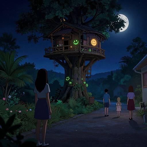 Bioluminescent Girl in Airy Treehouse