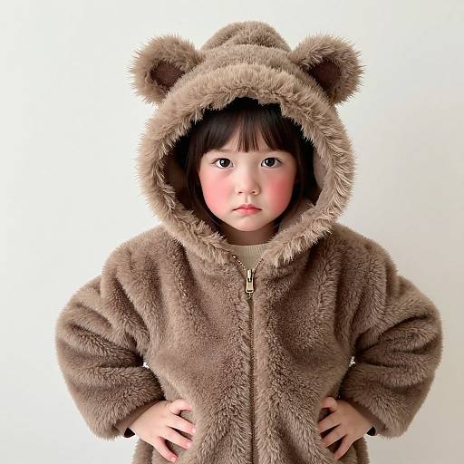 Photograph of an Asian child with rosy cheeks, wearing a fluffy brown bear hooded onesie, hands on hips, white background.