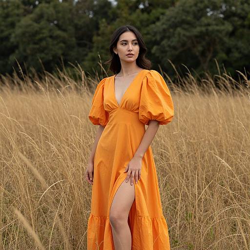 Photograph of a young woman with dark hair in an orange, deep V-neck, puffed-sleeve dress with a high slit, standing in