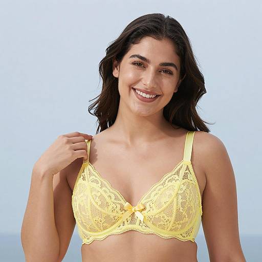 Smiling Woman in Yellow Lace Bra
