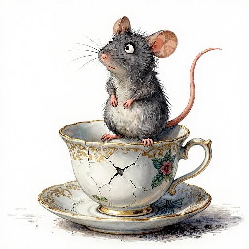 Illustration of a gray, fluffy mouse with pink ears and tail, standing on a cracked, floral-patterned teacup with a matching saucer