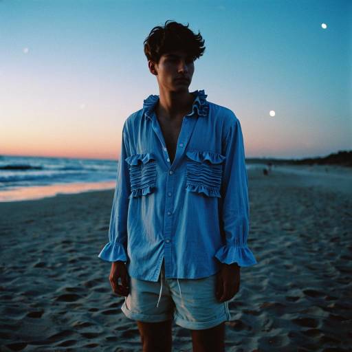 Young man in ruffled shirt on beach at sunset