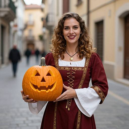 Photograph of a smiling woman with curly brown hair, wearing a medieval-style maroon dress with gold trim, holding a carved pumpkin in a cobble
