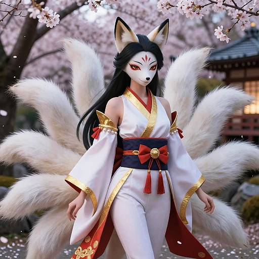 Digital artwork of an anthropomorphic fox woman with black hair, white fur, nine tails, wearing a white kimono with gold trim and red sash