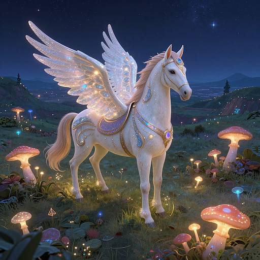 Digital fantasy artwork of a glowing white Pegasus horse with ethereal wings, adorned with jewels, standing among luminous mushrooms in a magical night forest.