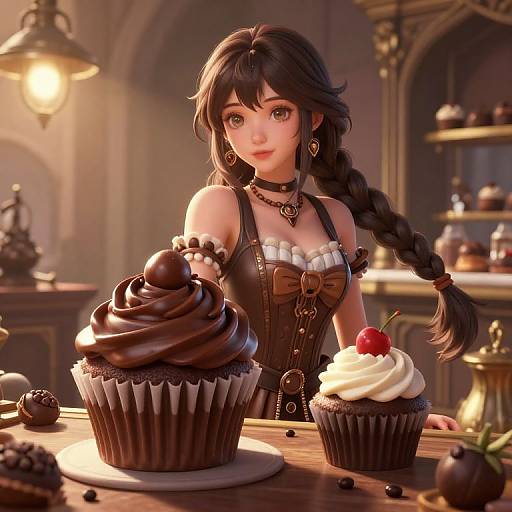 Digital art of anime-style girl with black braided hair, wearing brown corset, holding chocolate cupcakes with swirls and cherry topping. Warm, vintage