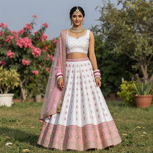 Elegant White Bridal Lehenga in Garden