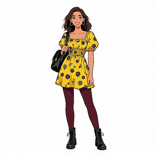 Digital illustration of a smiling woman with wavy brown hair, wearing a yellow floral dress, black boots, and maroon tights, holding a black