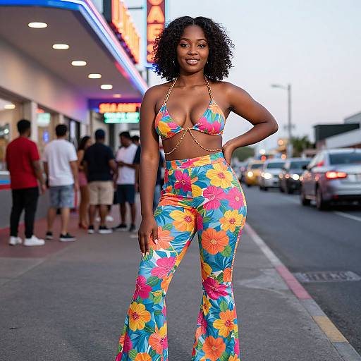 Photograph of a confident Black woman with curly hair, wearing a colorful floral bikini top and high-waisted pants, standing on a bustling city street