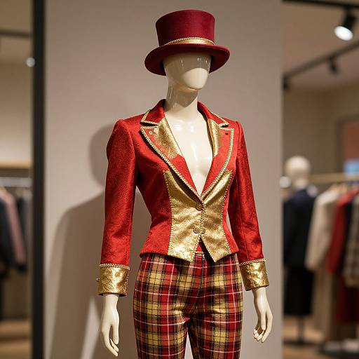 Photograph of a mannequin in a red velvet jacket with gold trim, red and yellow plaid pants, and a red top hat, displayed