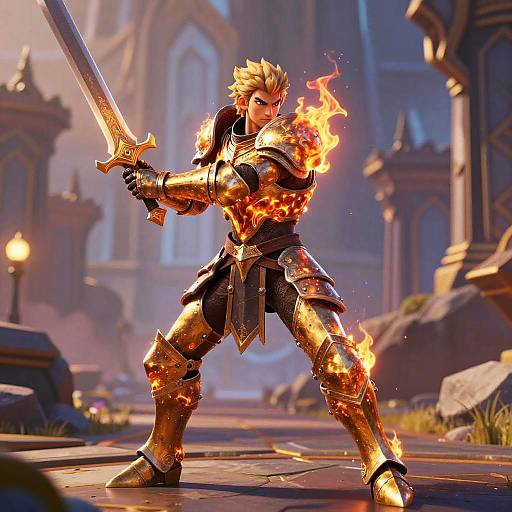 Digital artwork of a fierce, blond, muscular warrior in glowing, fire-enchanted golden armor, wielding a sword and standing in a medieval, stone