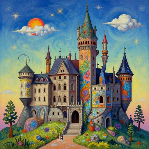 Vibrant, whimsical digital illustration of a fairy-tale castle with colorful swirl patterns, tall towers, and a bright sunset sky. Two small