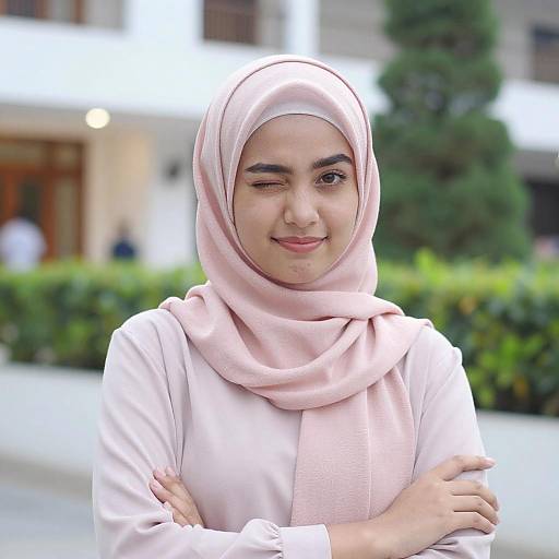 Photograph of a young woman with light brown skin, wearing a pink hijab and matching long-sleeve top, winking and smiling, arms