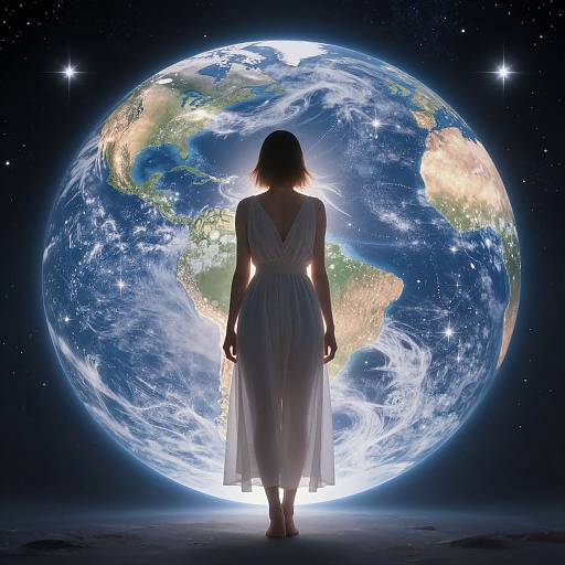 Silhouetted woman in white dress stands before glowing, detailed Earth in space, surrounded by stars. Digital artwork.