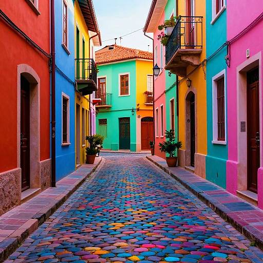 Vibrant photograph of a narrow, cobblestone alley between colorful buildings in red, blue, yellow, and green, with balconies and p
