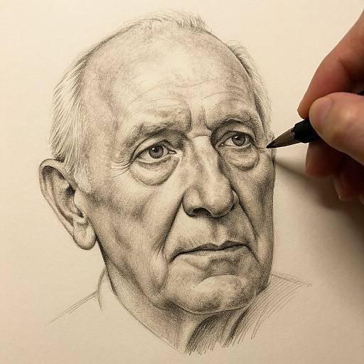 Realistic pencil sketch of an elderly man with wrinkled skin, bald head, and deep-set eyes, being detailed by a hand with a pencil.