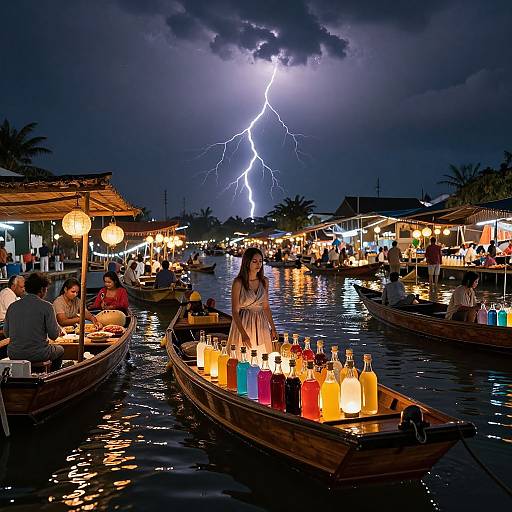 Photograph of a nighttime floating market with illuminated boats, colorful bottles, a woman in a white dress, and a dramatic lightning bolt illuminating the dark