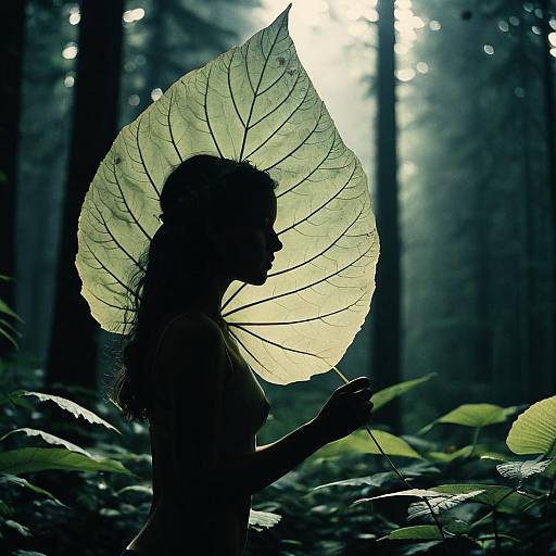 Silhouette of Forest Nymph with Giant Leaf