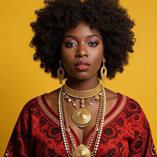 Photograph of a beautiful Black woman with natural afro, wearing ornate gold jewelry and red patterned dress, against a bright yellow background.