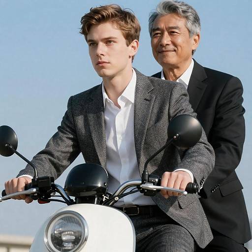 Tweed-Suited Rider with Smiling Passenger