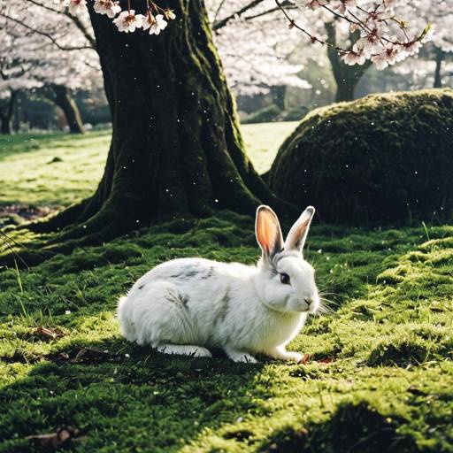 White rabbit in mossy forest with cherry blossoms