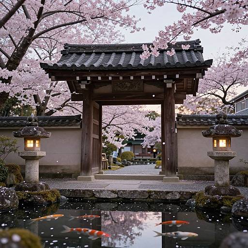 Photograph of a traditional Japanese garden with a wooden archway, cherry blossoms, stone lanterns, koi pond, and reflective water, illuminated