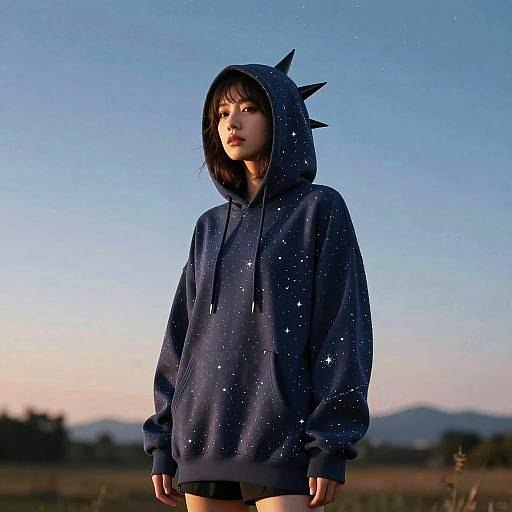 Woman Wearing Starry Hoodie with Spikes at Twilight