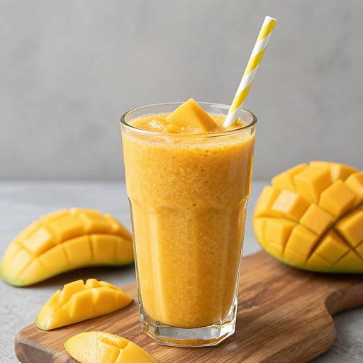 Photograph of a glass of orange mango smoothie with a yellow-striped straw, surrounded by whole and halved mangoes on a wooden board.