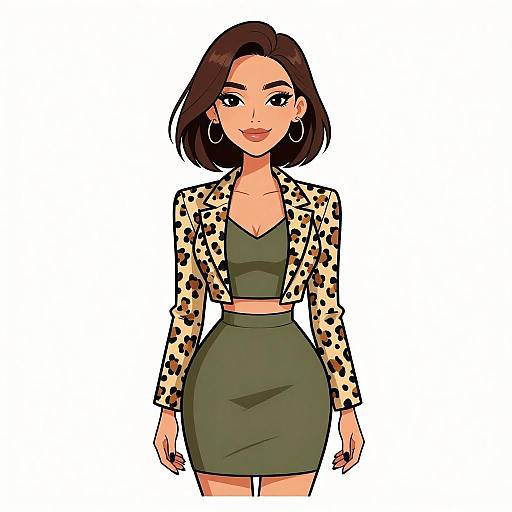 Digital illustration of a young woman with short brown hair, wearing a green crop top, high-waisted olive skirt, and leopard print jacket, standing
