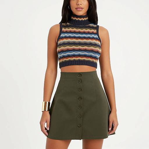 Photograph of a woman with long black hair, wearing a colorful striped sleeveless crop top and high-waisted green skirt with buttons, and a