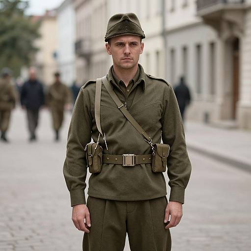 Photograph of a serious-looking white male soldier in WWII-era German uniform, standing on a cobblestone street, blurred background with other soldiers.