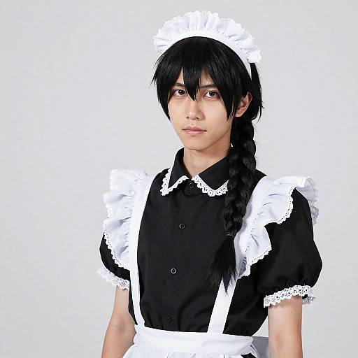Photorealistic digital image of an Asian male with black hair in a braid, wearing a black and white French maid outfit.