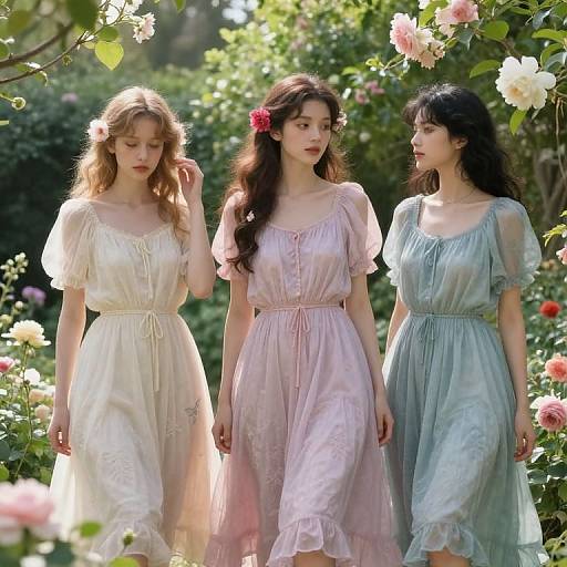 Three young women in pastel dresses walk through a sunlit garden with blooming roses, each with long hair and flowers in their hair. Photographic