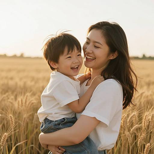 Photograph of a smiling Asian mother with long black hair, wearing a white shirt, hugging her laughing son in a wheat field at sunset.
