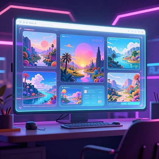 Neon-lit computer monitor displaying vibrant, colorful digital art of futuristic landscapes with palm trees, mountains, and sunsets in a glowing office.